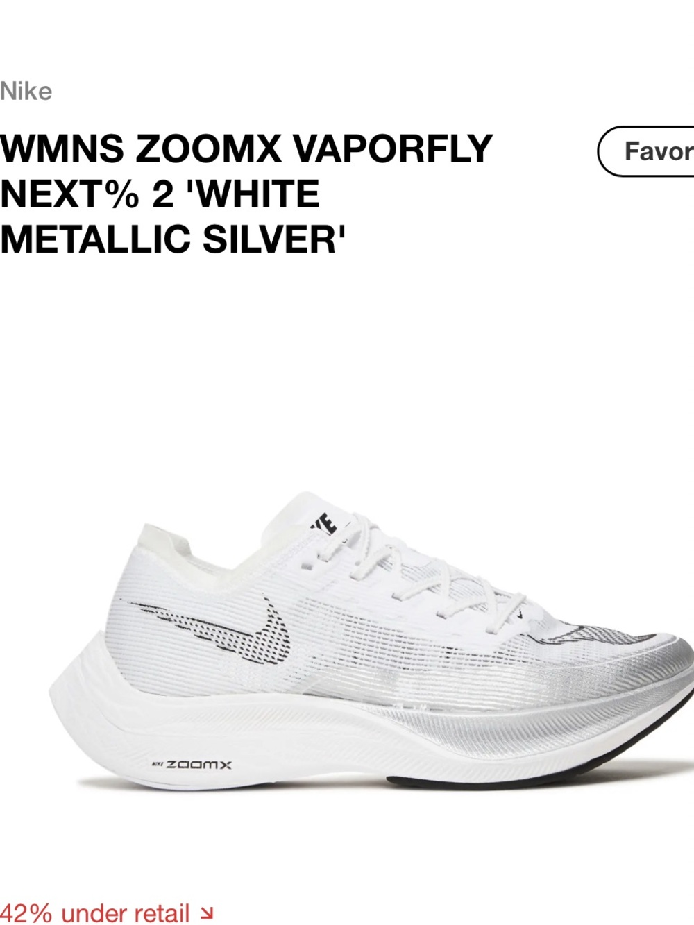 Nike ZoomX Vaporfly Next% 2 White/Met. Sil/Blk Womens Running CU4123-100 Sz 8.5